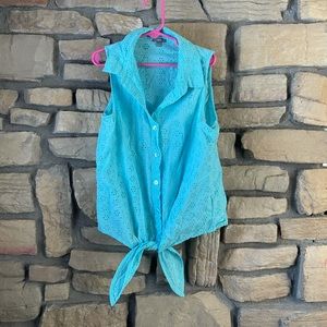 Turquoise Crop Top Button Up Tie Shirt